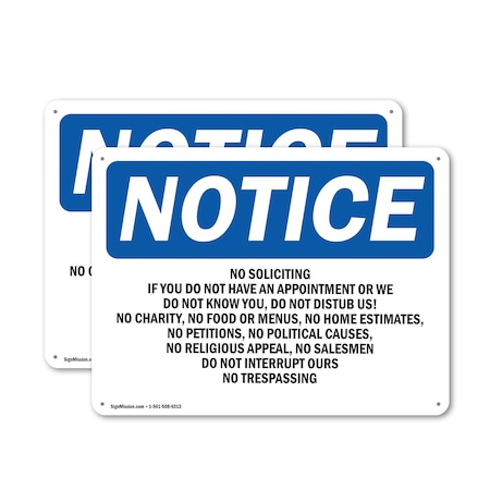 Signmission No Soliciting If You Do Not Have An Appointment OSHA Notice Sign, Aluminum, 24in W x 18in L, 2PK OS-2PACK-NS-A-1824-L-14823